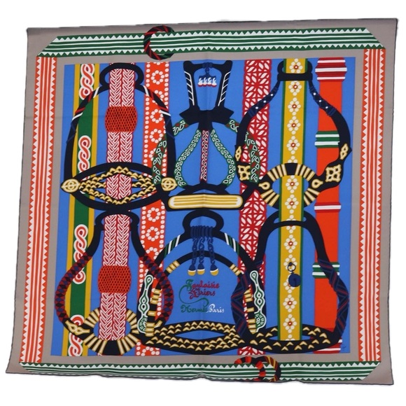 HERMES Carre 90 Fantaisie d�fEtriers Scarf Silk Blue Multicolor Auth 60781 - Picture 1 of 16